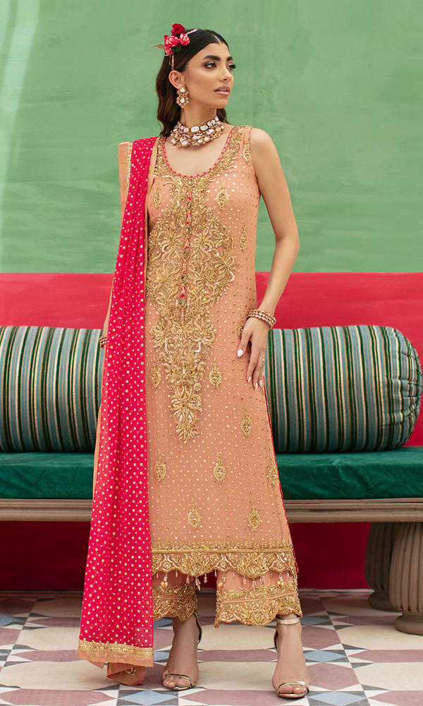 Pakistani Peach Gold-Embroidered Raw Silk Salwar Kameez (3-Piece) - Image 5