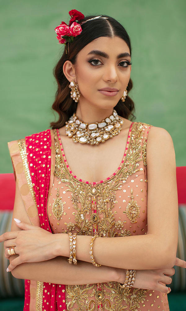 Pakistani Peach Gold-Embroidered Raw Silk Salwar Kameez (3-Piece) - Image 6