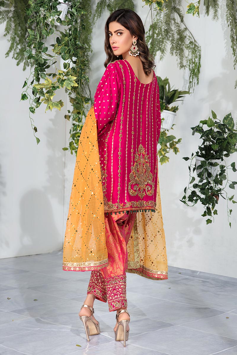 Pakistani Pink Embellished Raw Silk Salwar Kameez (3-Piece) - Image 3