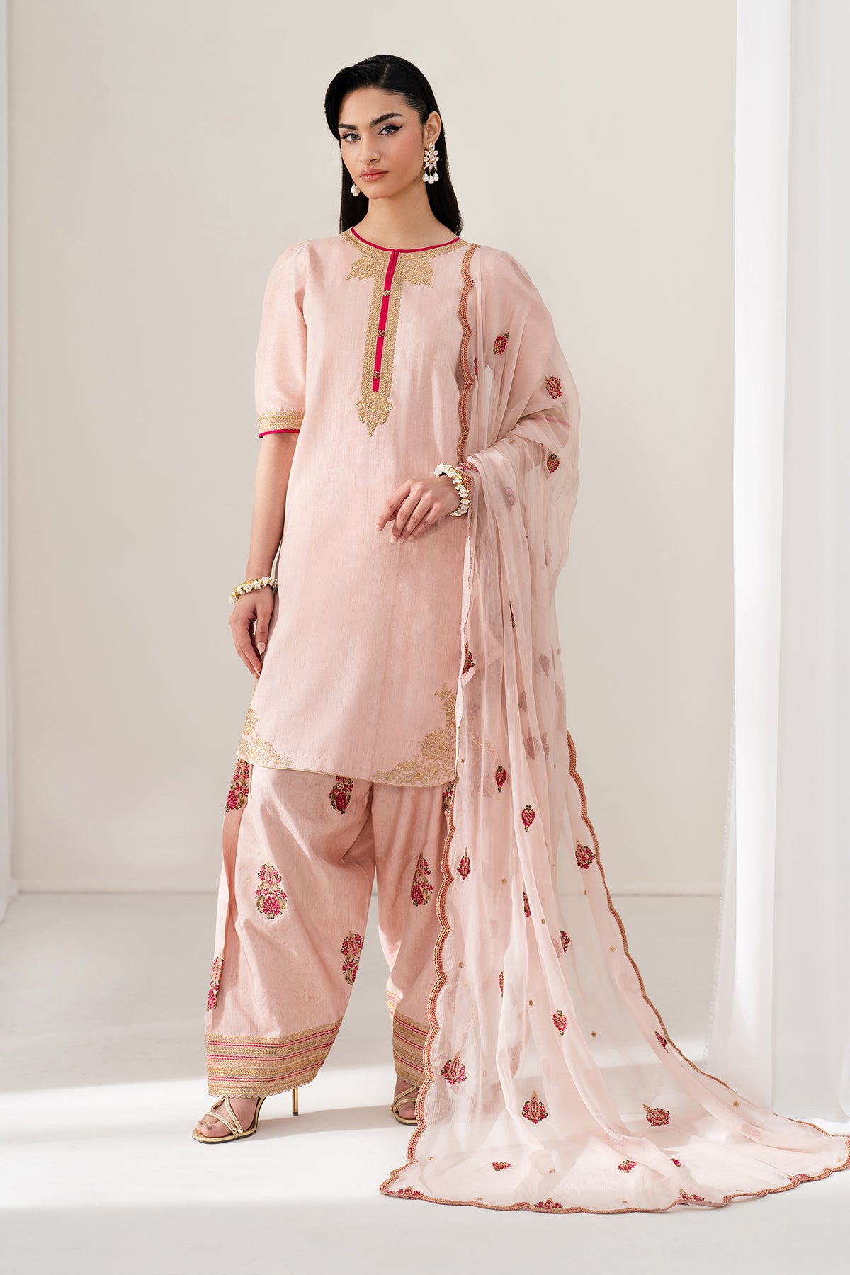 Pakistani Blush Pink Embroidered Raw Silk Shalwar Kameez (3-Piece) - Image 1