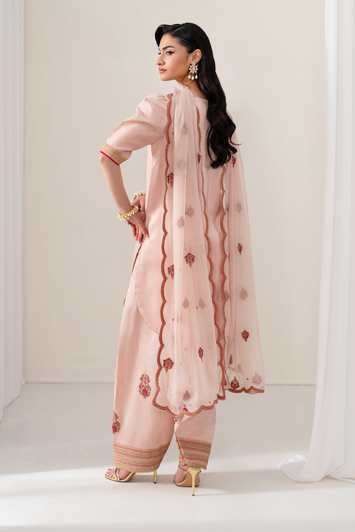 Pakistani Blush Pink Embroidered Raw Silk Shalwar Kameez (3-Piece) - Image 2
