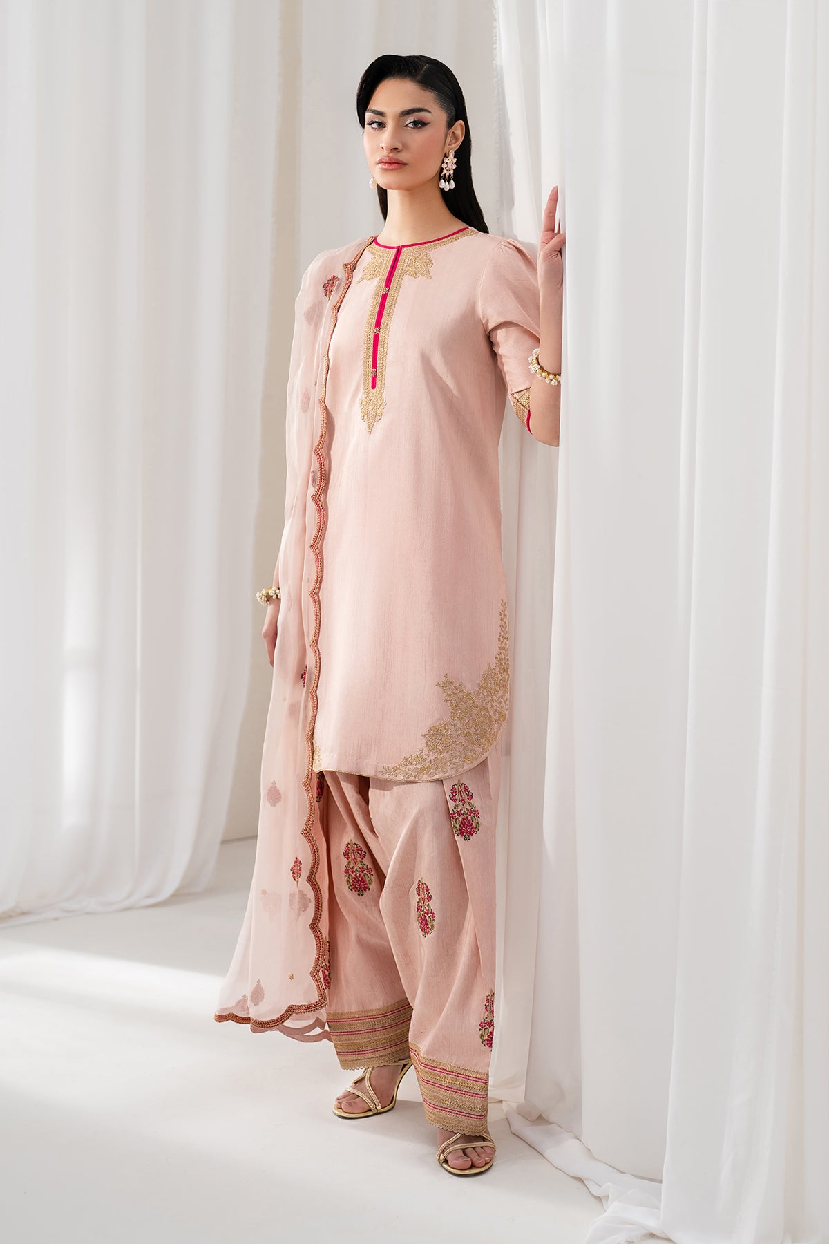 Pakistani Blush Pink Embroidered Raw Silk Shalwar Kameez (3-Piece) - Image 3