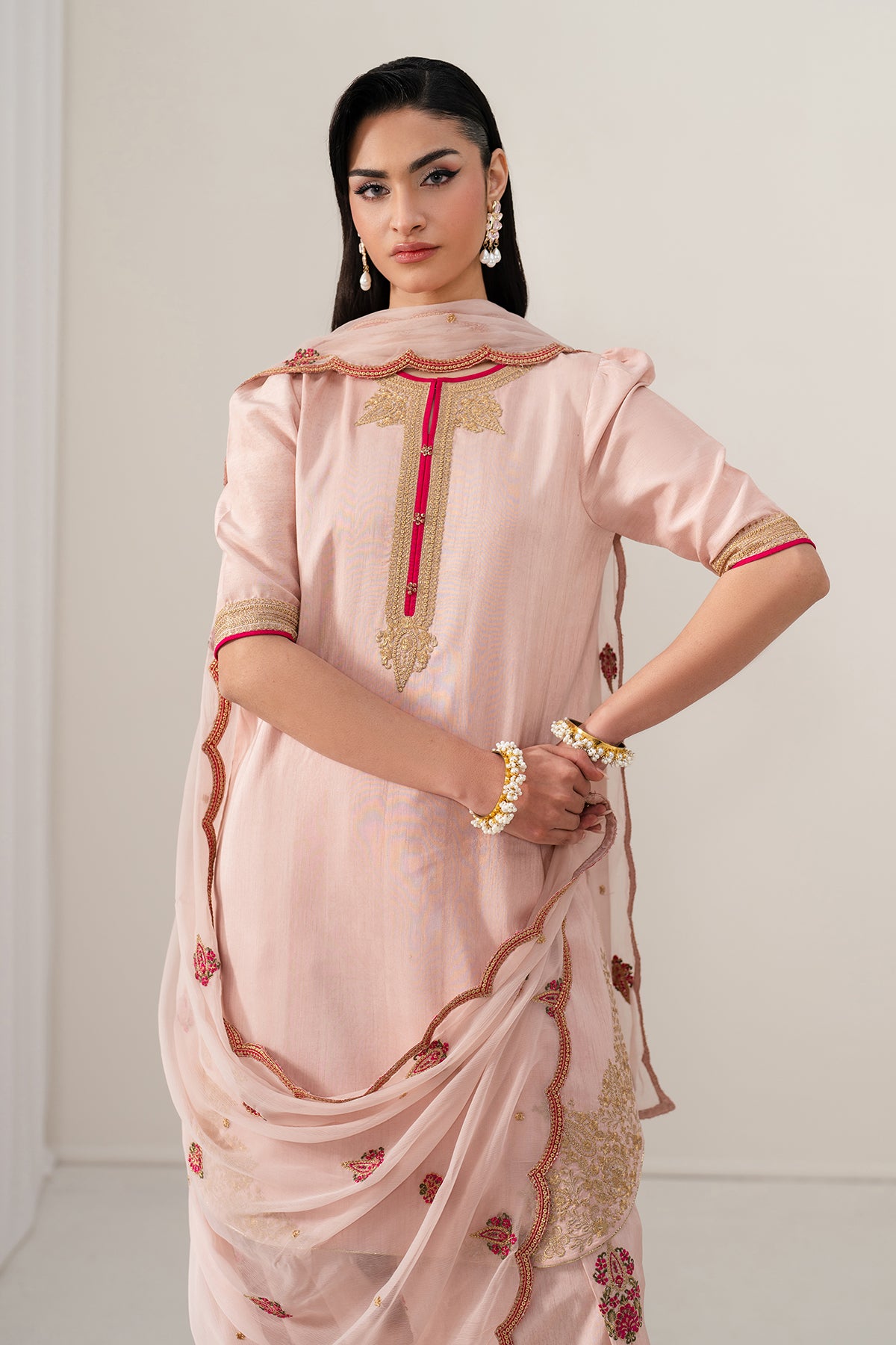 Pakistani Blush Pink Embroidered Raw Silk Shalwar Kameez (3-Piece) - Image 4