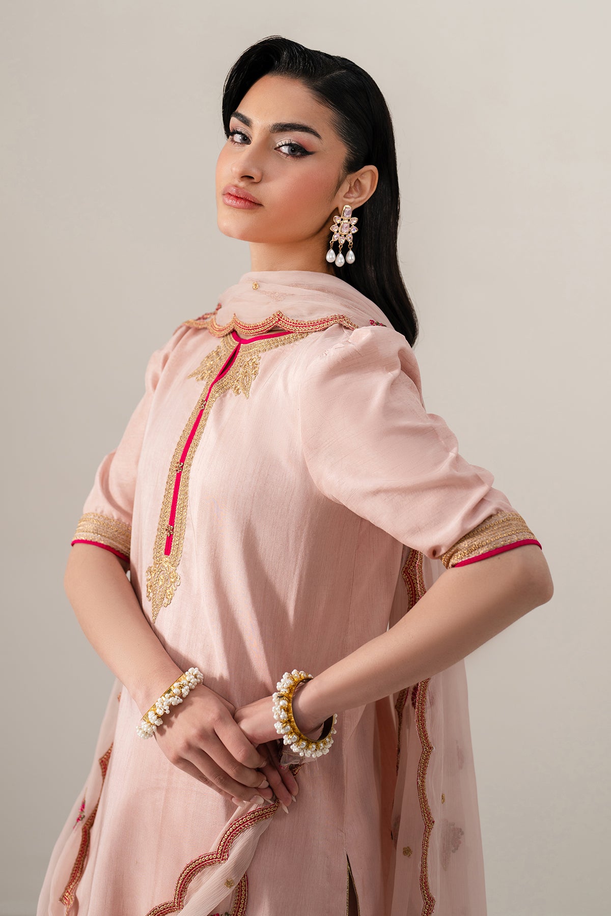 Pakistani Blush Pink Embroidered Raw Silk Shalwar Kameez (3-Piece) - Image 5