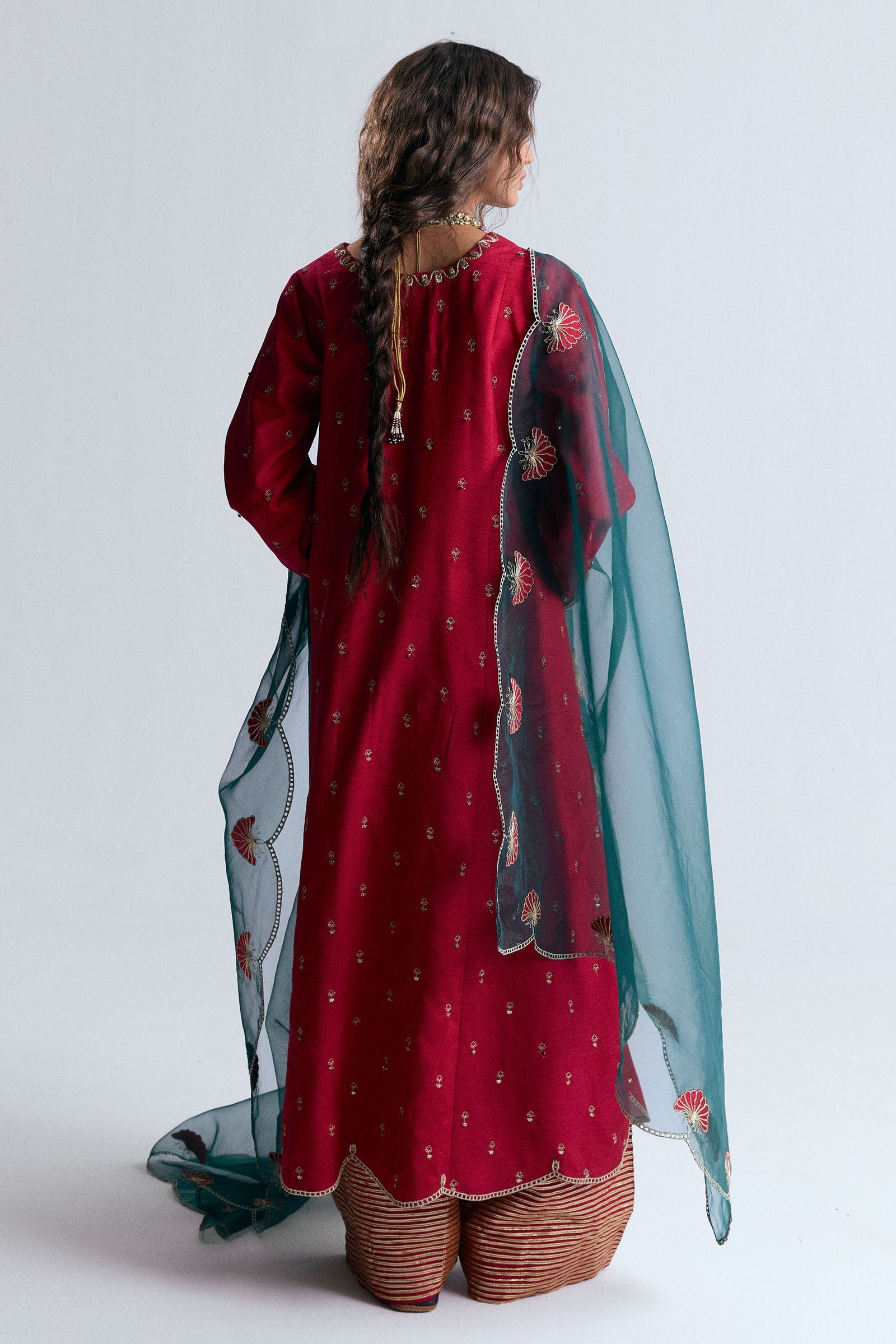 Deep Pink Gota & Tilla Silk Salwar Kameez (3-Piece) - Image 2