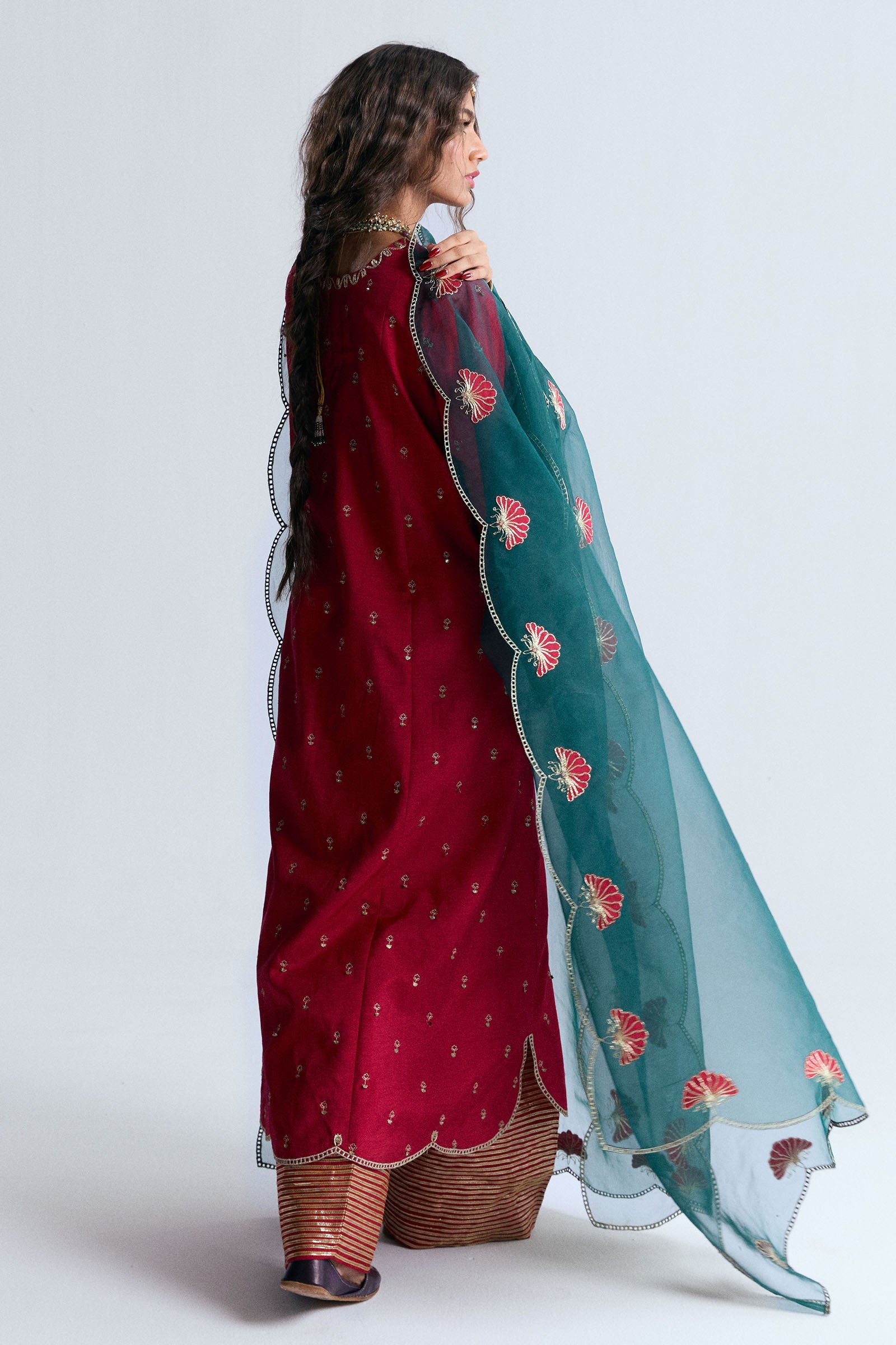 Deep Pink Gota & Tilla Silk Salwar Kameez (3-Piece) - Image 3