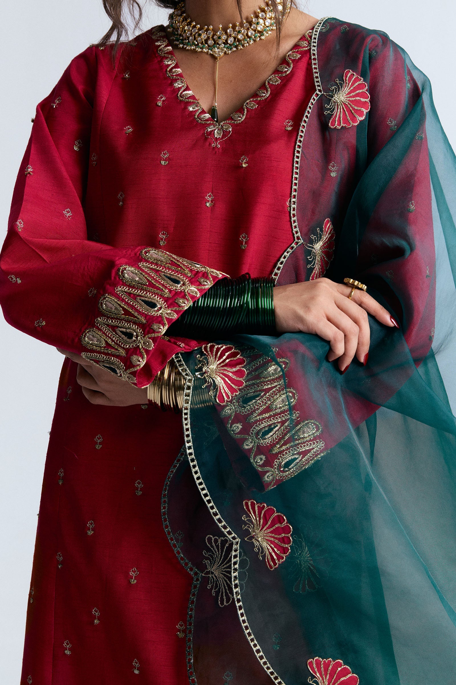 Deep Pink Gota & Tilla Silk Salwar Kameez (3-Piece) - Image 6