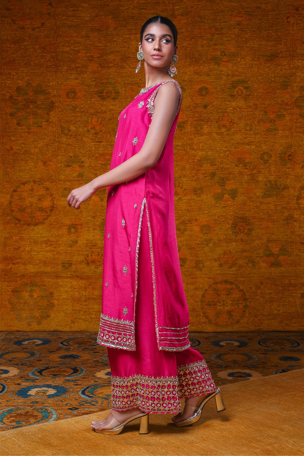 Pakistani Hot Pink Embroidered Raw Silk Salwar Kameez (2-Piece) - Image 2