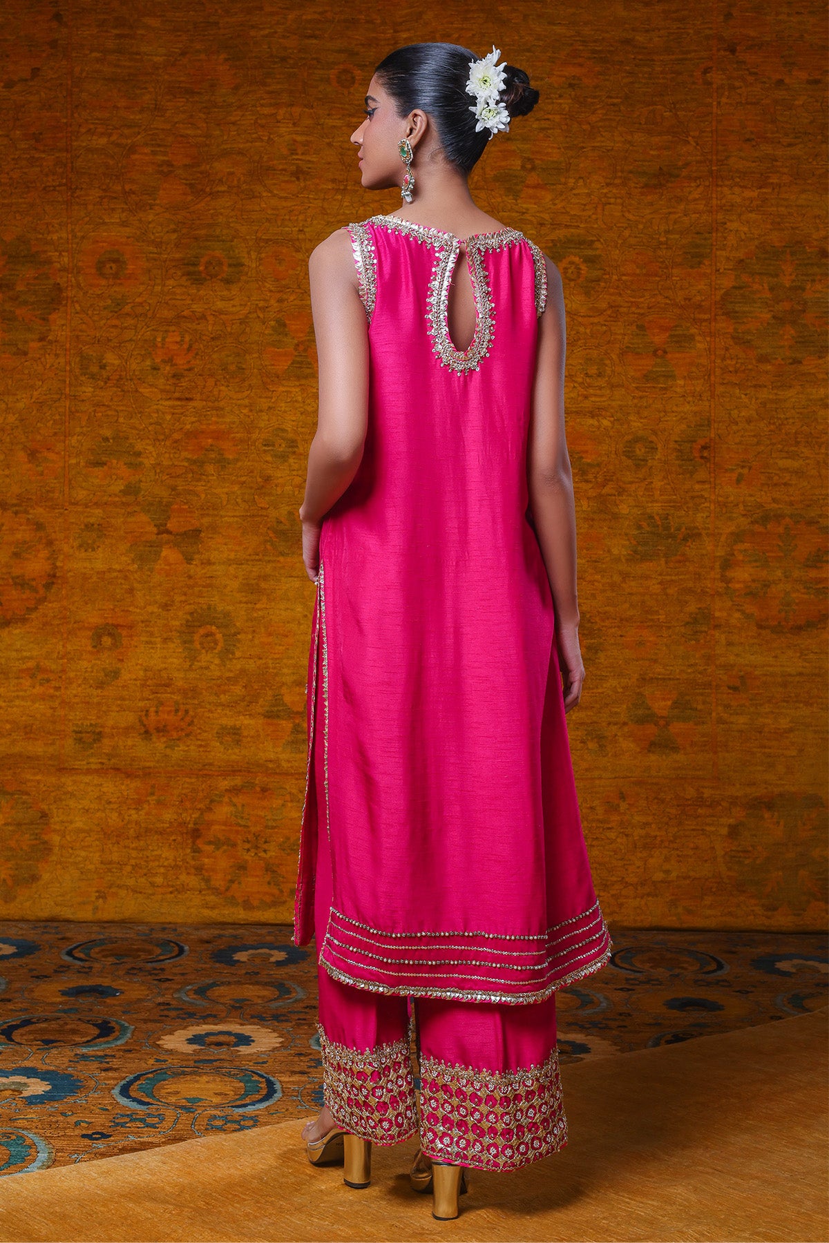 Pakistani Hot Pink Embroidered Raw Silk Salwar Kameez (2-Piece) - Image 3