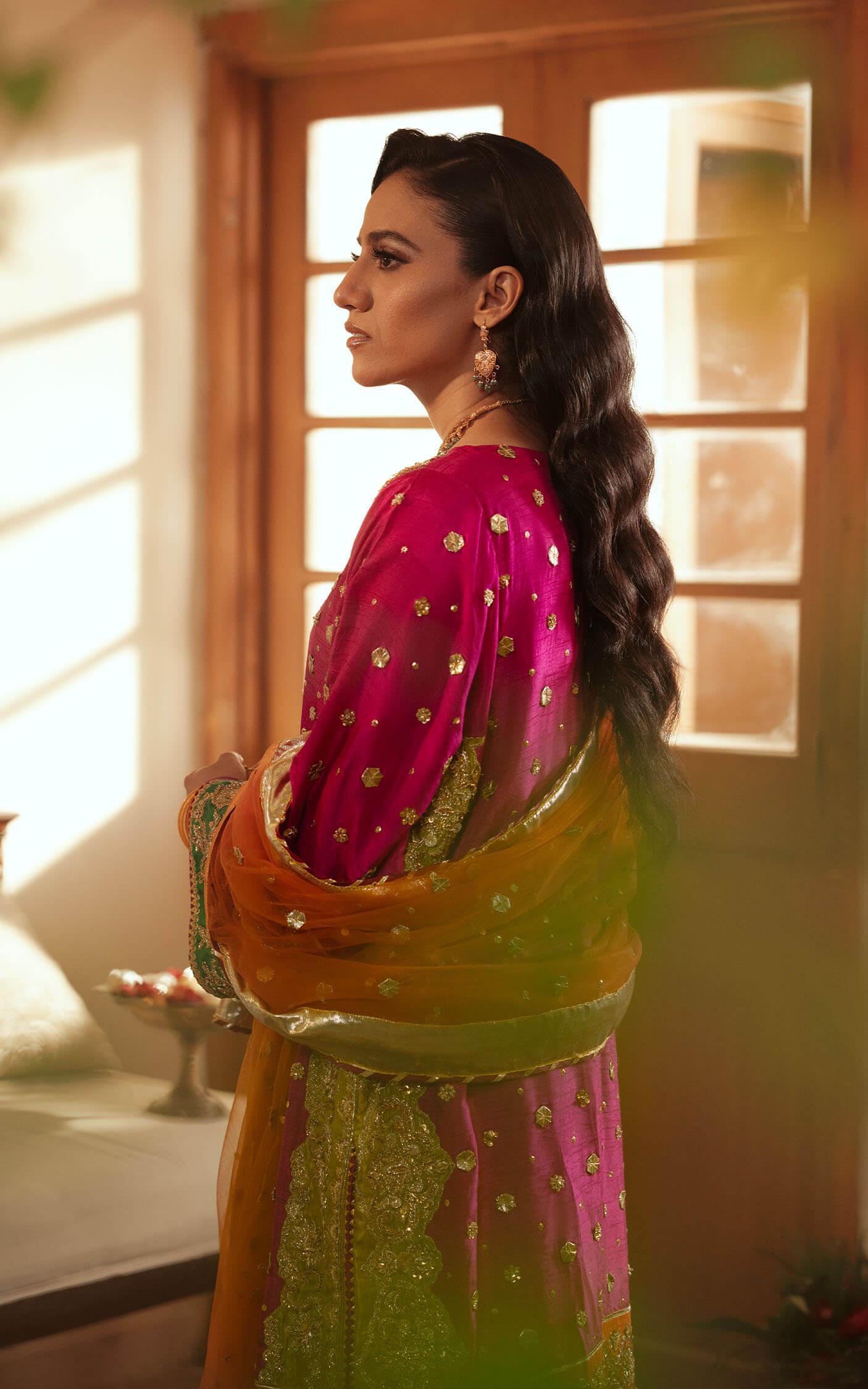 Pakistani Fuchsia Gota Embroidered Raw Silk Kurta Set (3-Piece) - Image 1