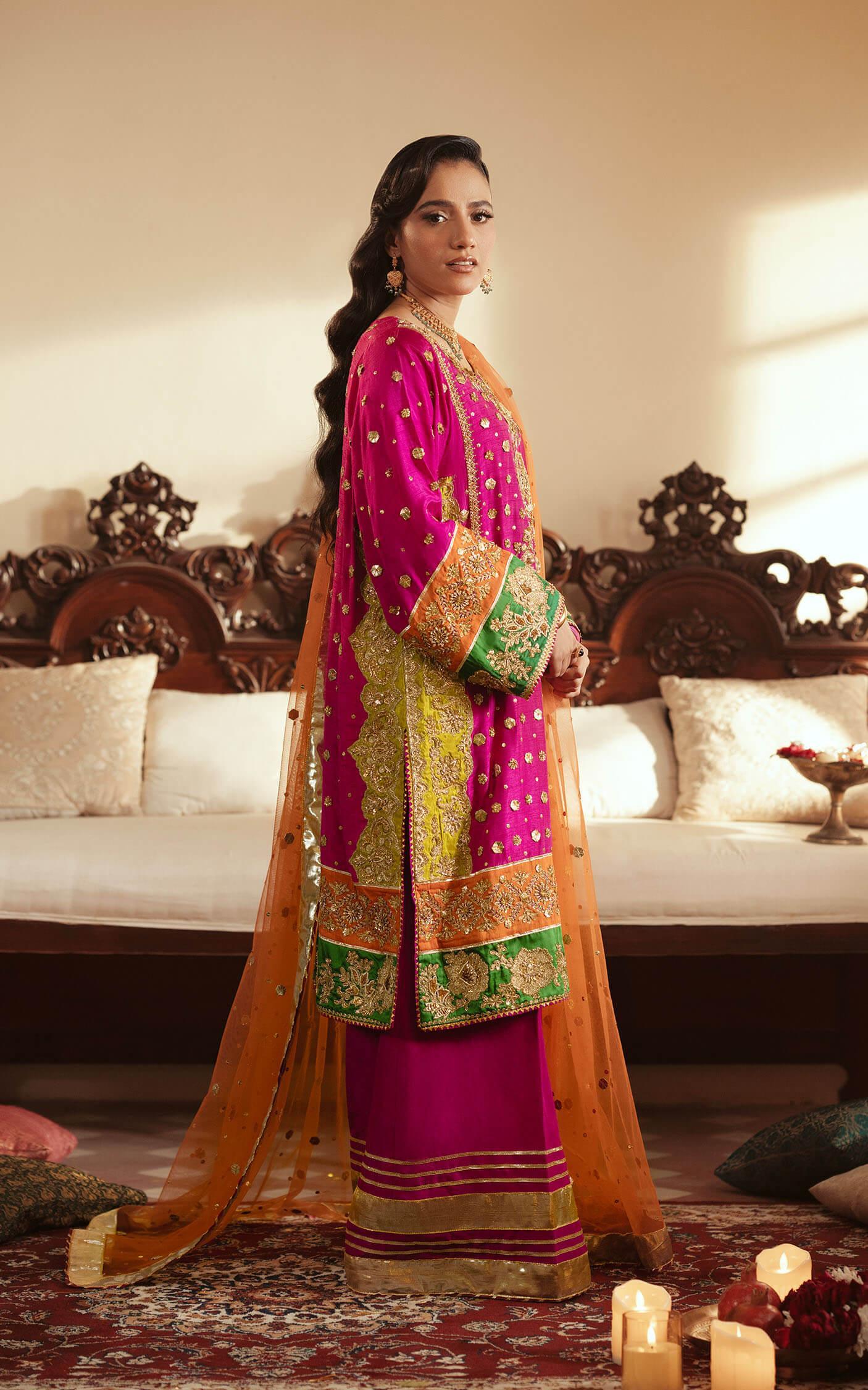 Pakistani Fuchsia Gota Embroidered Raw Silk Kurta Set (3-Piece) - Image 2
