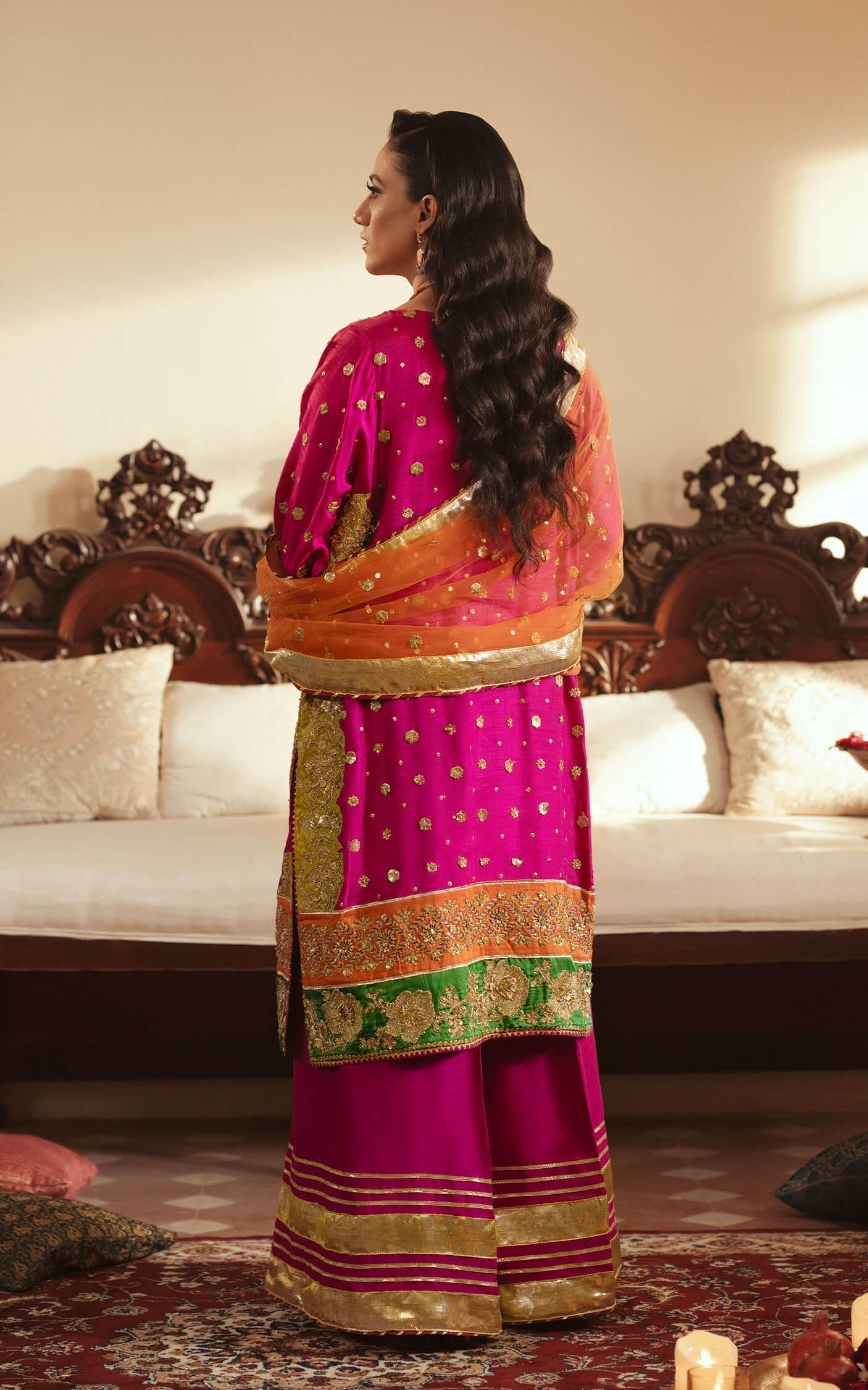 Pakistani Fuchsia Gota Embroidered Raw Silk Kurta Set (3-Piece) - Image 3