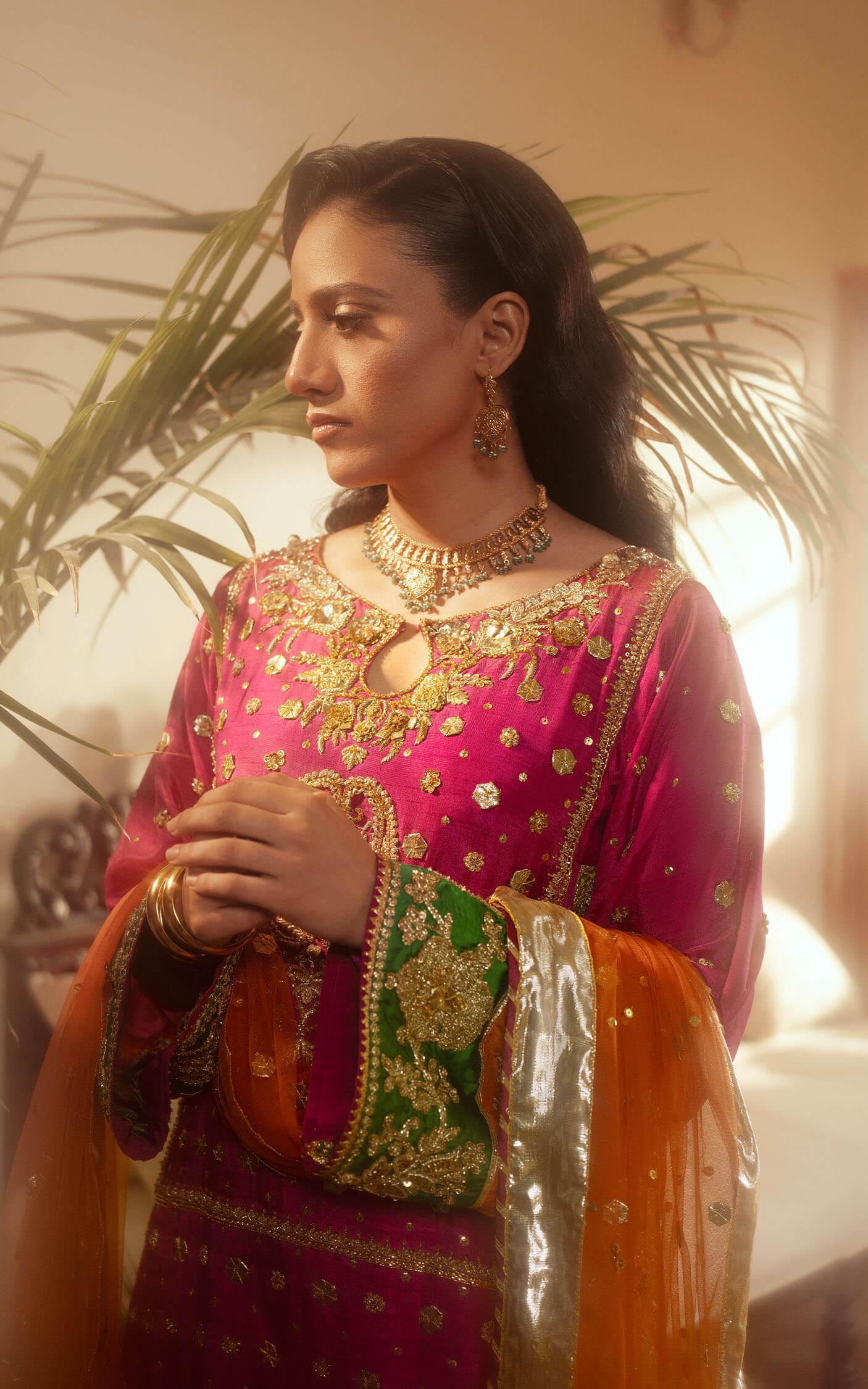 Pakistani Fuchsia Gota Embroidered Raw Silk Kurta Set (3-Piece) - Image 6