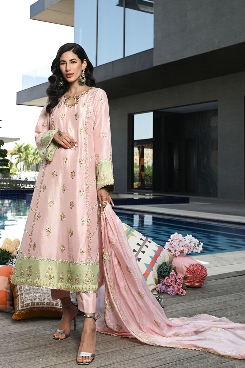 Pakistani Powder Pink Gota Sequin Raw Silk Salwar Kameez (3-Piece) - Image 1