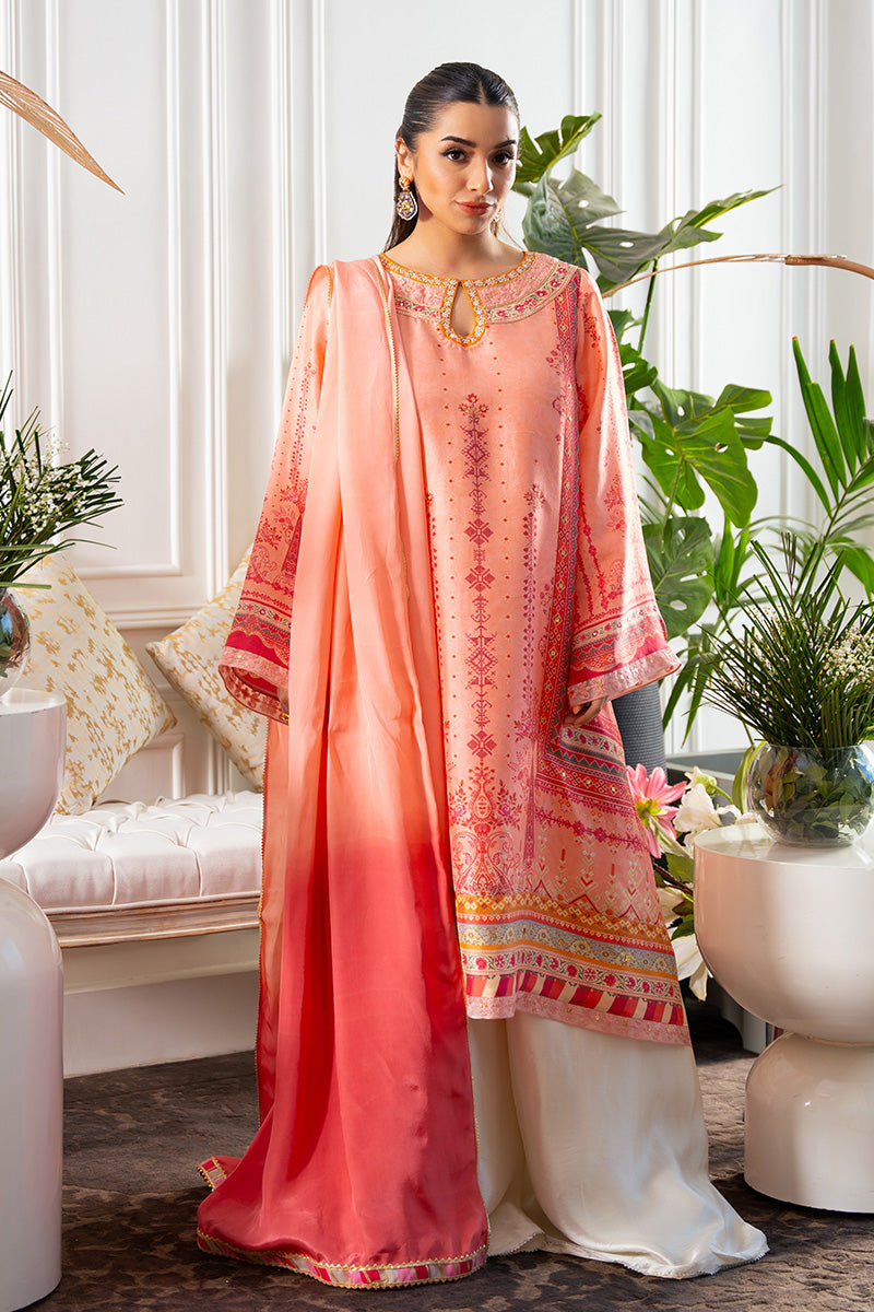 Pakistani Coral & Candy Pink Embroidered Raw Silk Kurta Set (3-Piece) - Image 1