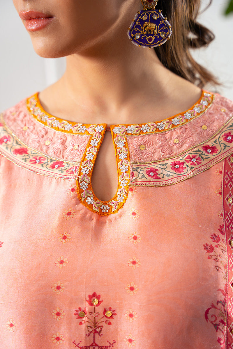 Pakistani Coral & Candy Pink Embroidered Raw Silk Kurta Set (3-Piece) - Image 5