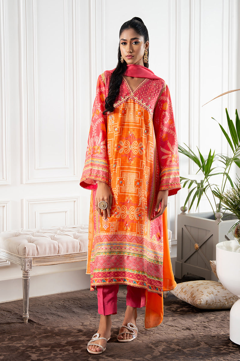 Hot Pink & Orange Bandhani Raw Silk Salwar Kameez (3-Piece) - Image 1