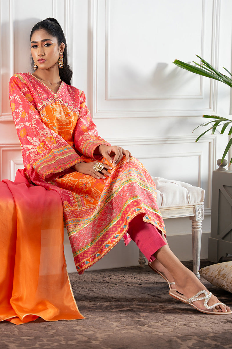 Hot Pink & Orange Bandhani Raw Silk Salwar Kameez (3-Piece) - Image 3