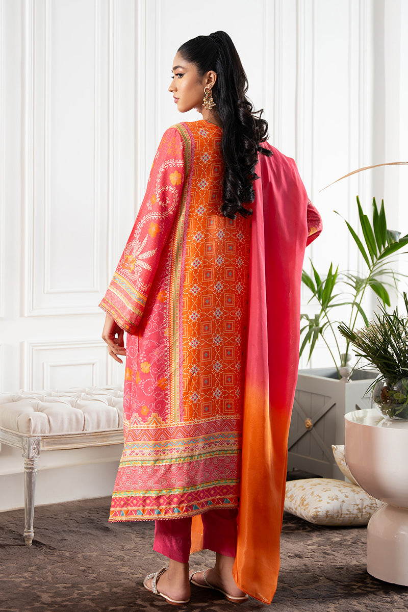 Hot Pink & Orange Bandhani Raw Silk Salwar Kameez (3-Piece) - Image 4