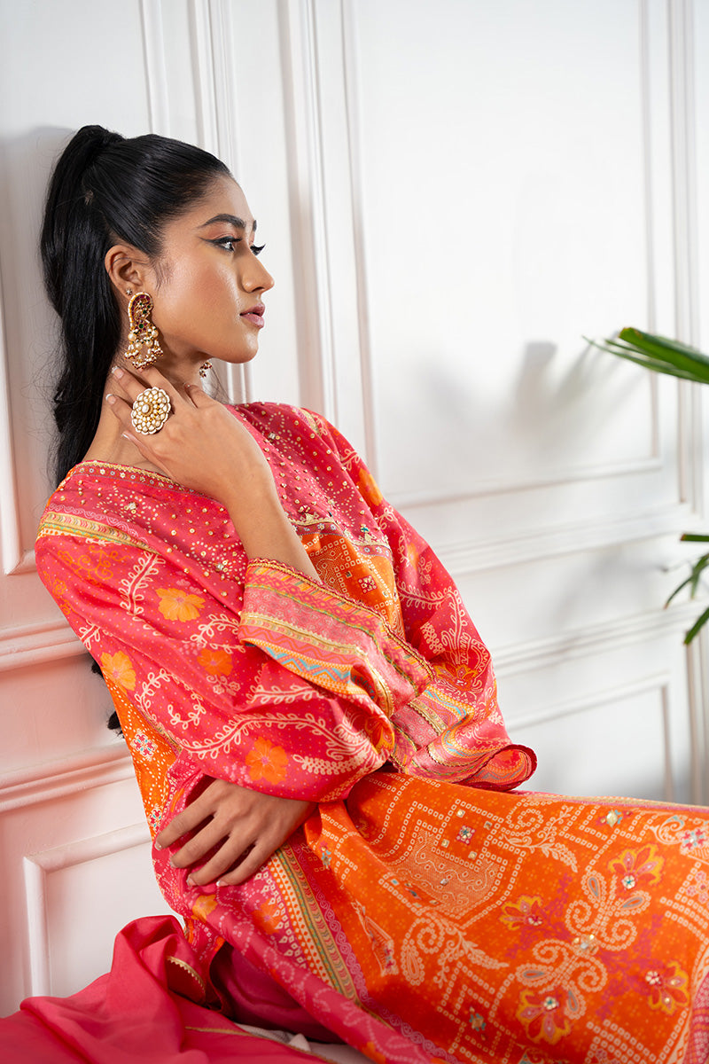 Hot Pink & Orange Bandhani Raw Silk Salwar Kameez (3-Piece) - Image 5