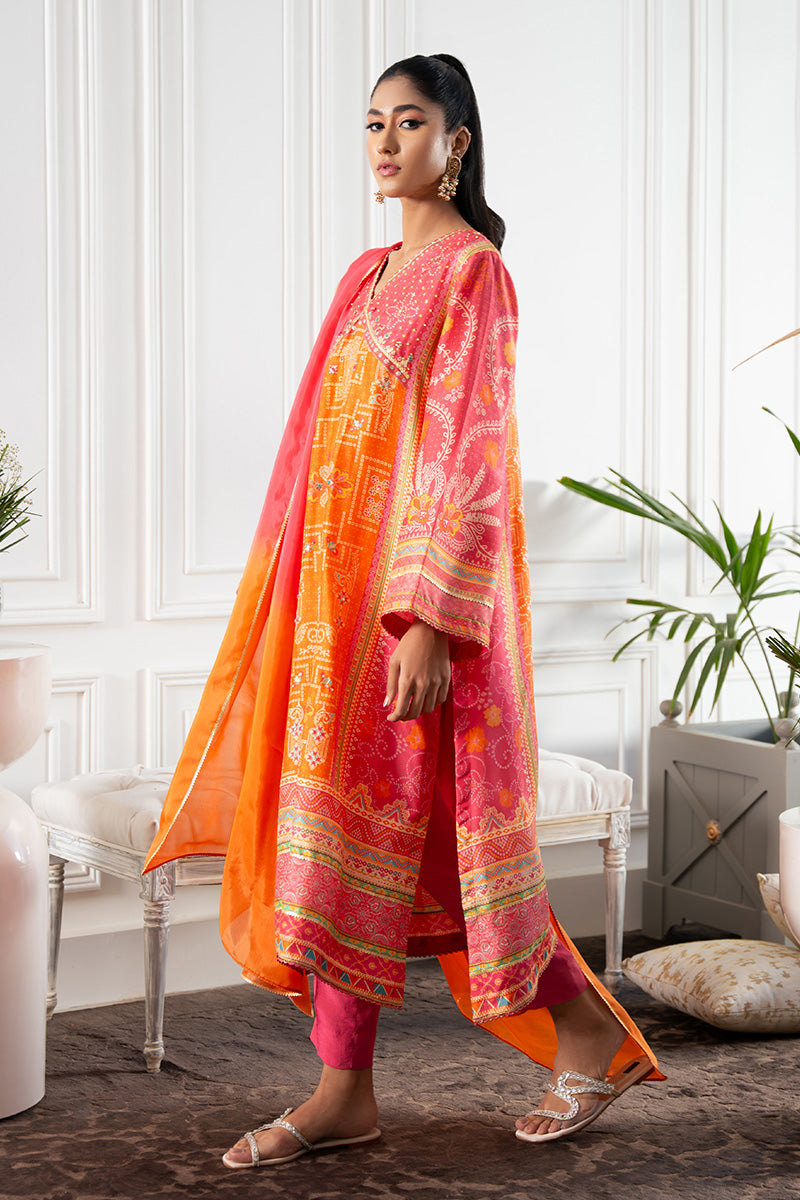 Hot Pink & Orange Bandhani Raw Silk Salwar Kameez (3-Piece) - Image 6
