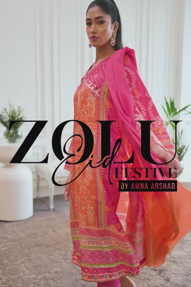 Hot Pink & Orange Bandhani Raw Silk Salwar Kameez (3-Piece) - Image 8