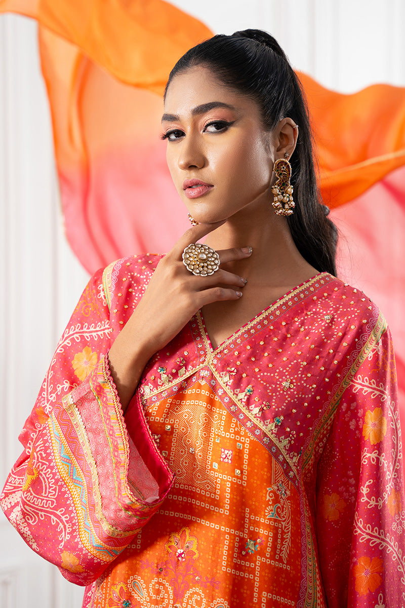 Hot Pink & Orange Bandhani Raw Silk Salwar Kameez (3-Piece) - Image 2
