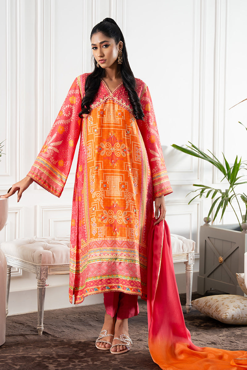 Hot Pink & Orange Bandhani Raw Silk Salwar Kameez (3-Piece) - Image 4