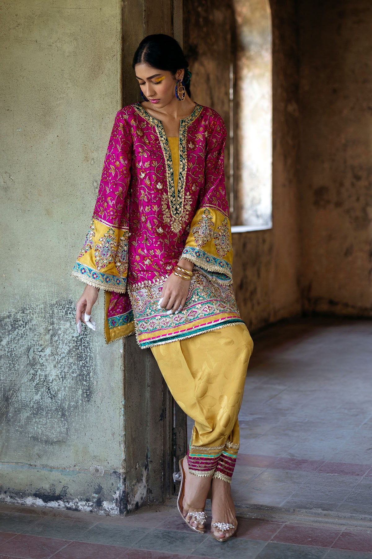 Pakistani Pink Gota Embellished Raw Silk Salwar Kameez (2-Piece) - Image 1