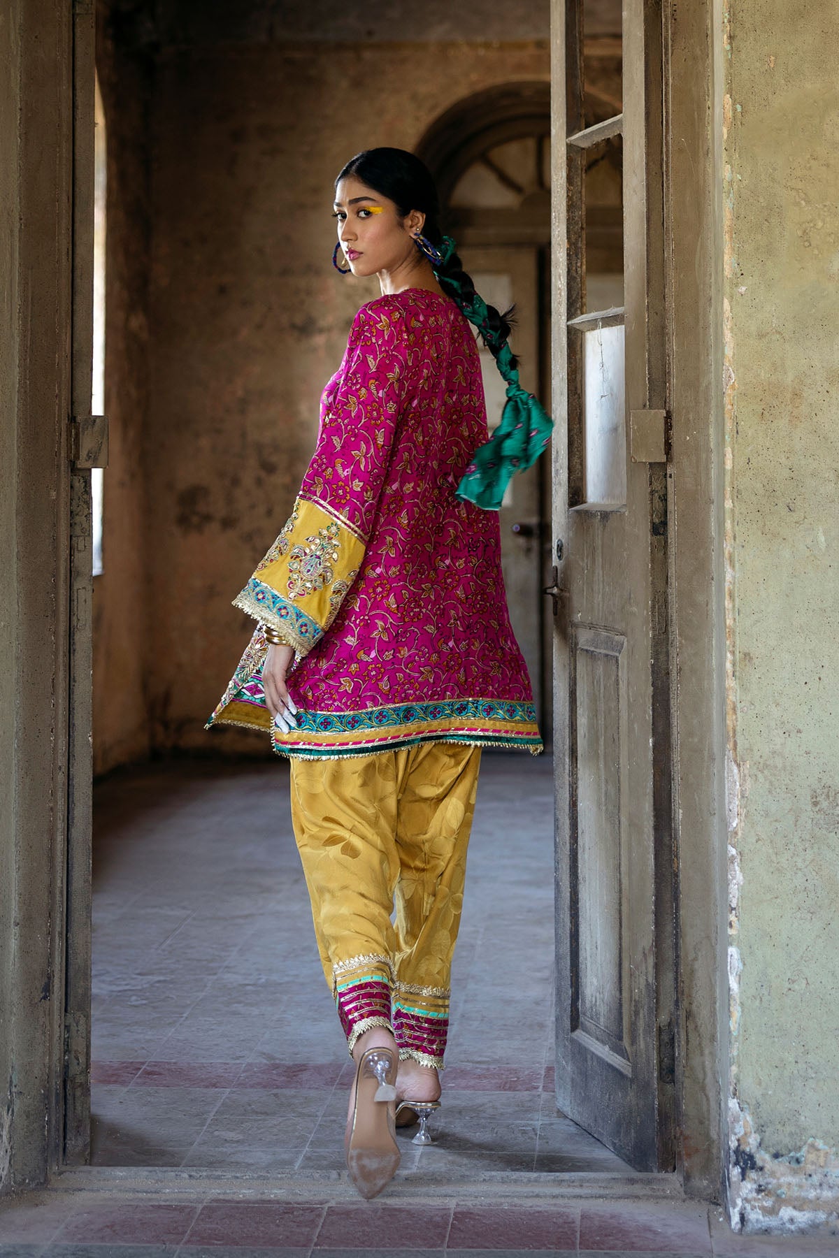 Pakistani Pink Gota Embellished Raw Silk Salwar Kameez (2-Piece) - Image 3