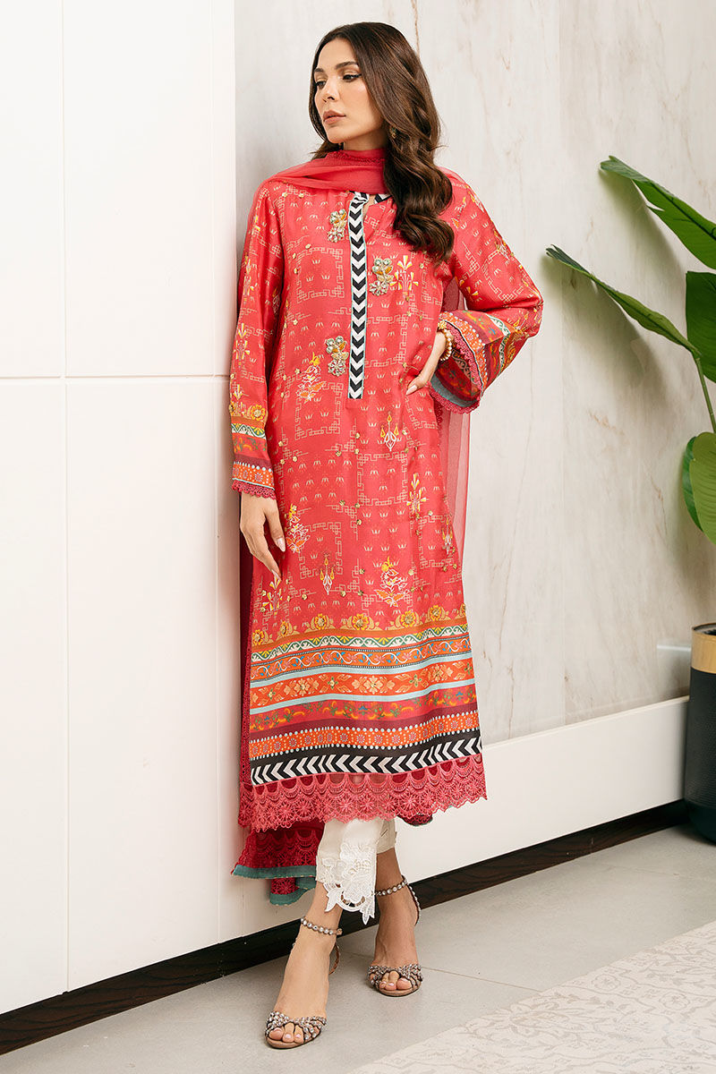 Pakistani Cranberry Pink Embellished Silk Salwar Kameez (3-Piece) - Image 3