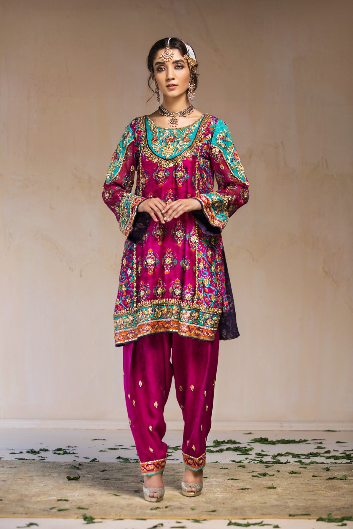 Pakistani Fuchsia Gota Zardozi Raw Silk Salwar Kameez (3-Piece) - Image 1