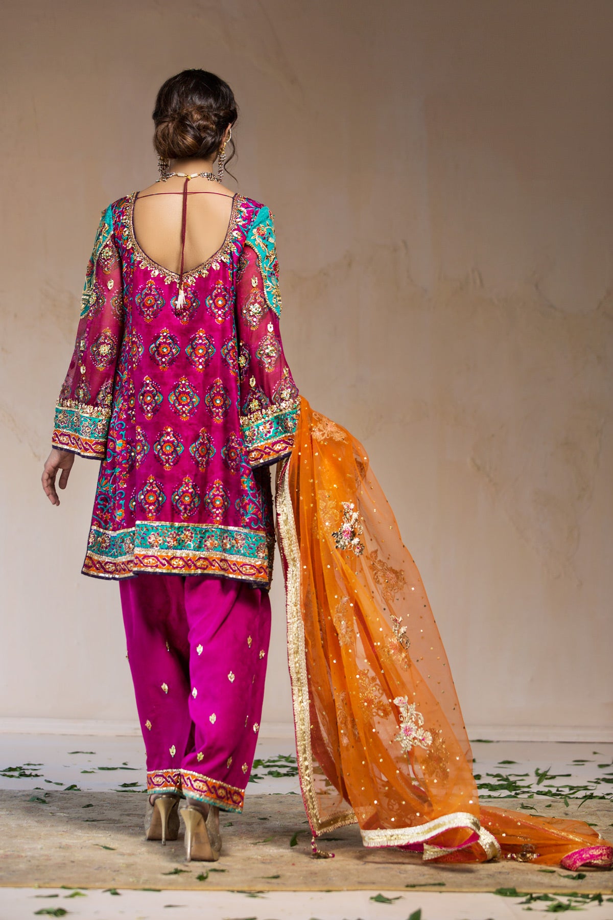 Pakistani Fuchsia Gota Zardozi Raw Silk Salwar Kameez (3-Piece) - Image 3