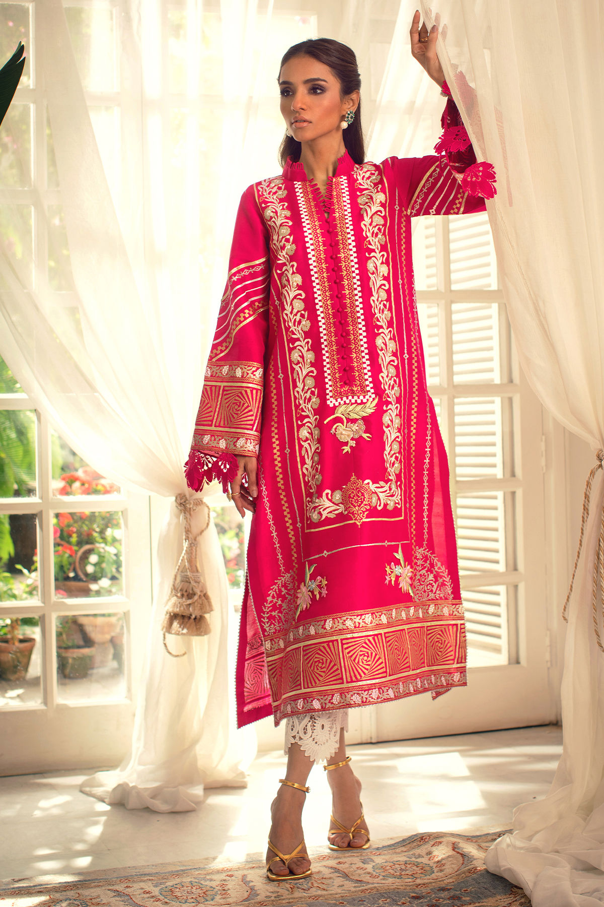 Deep Fuchsia Block Printed Silk Salwar Kameez (2-Piece) - Image 1