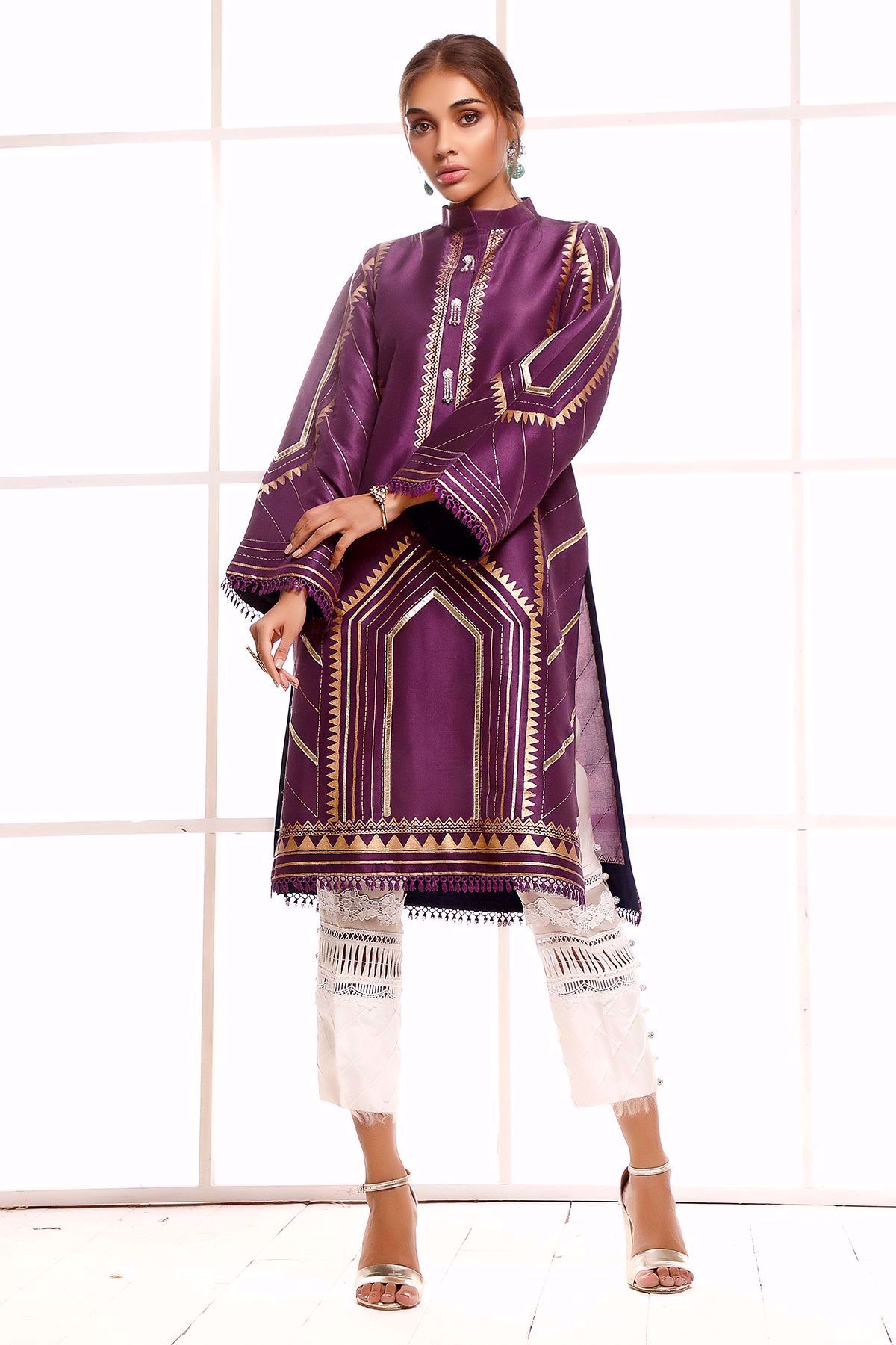 Magenta Hand Block Printed Raw Silk Salwar Kameez (2-Piece) - Image 1