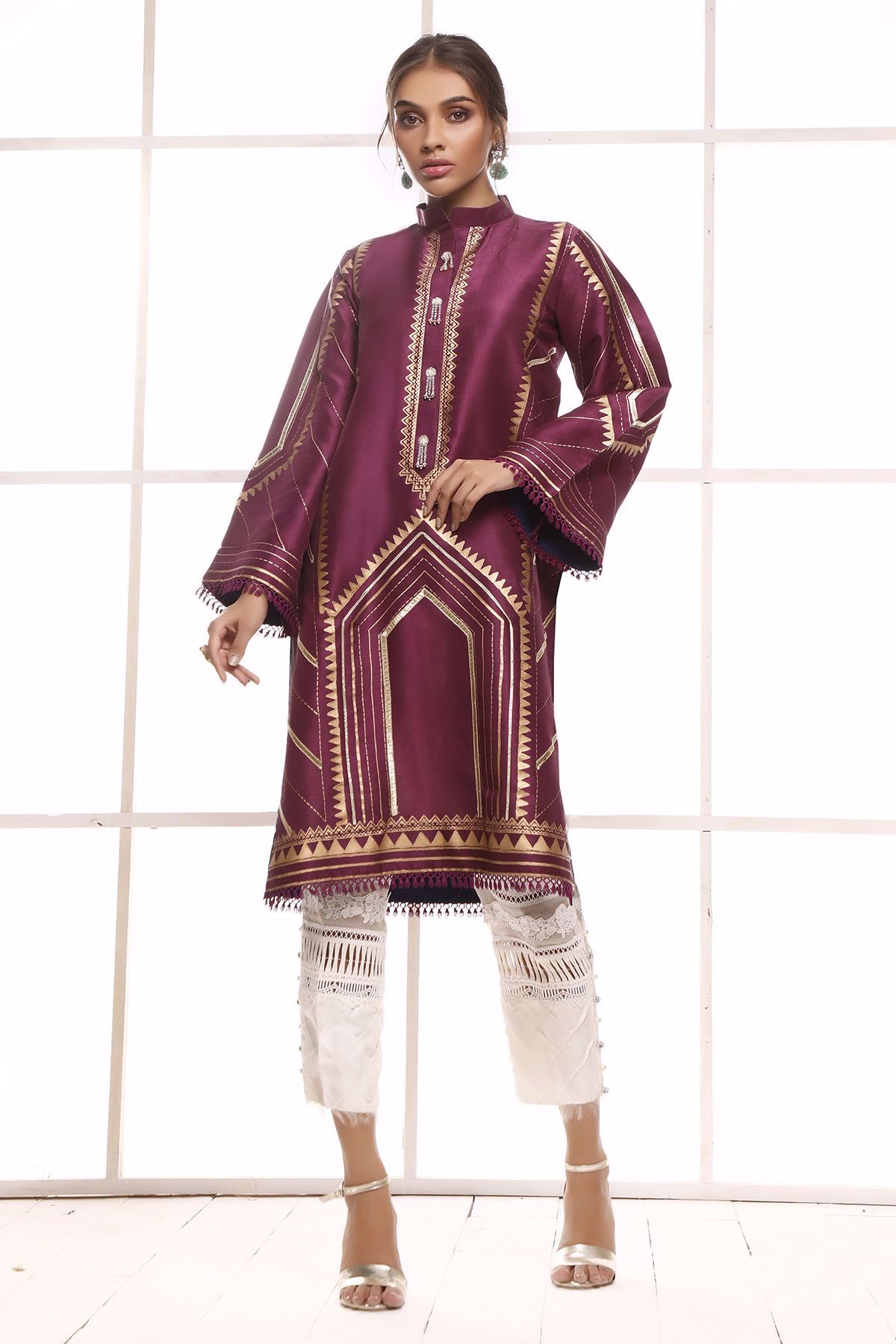 Magenta Hand Block Printed Raw Silk Salwar Kameez (2-Piece) - Image 2