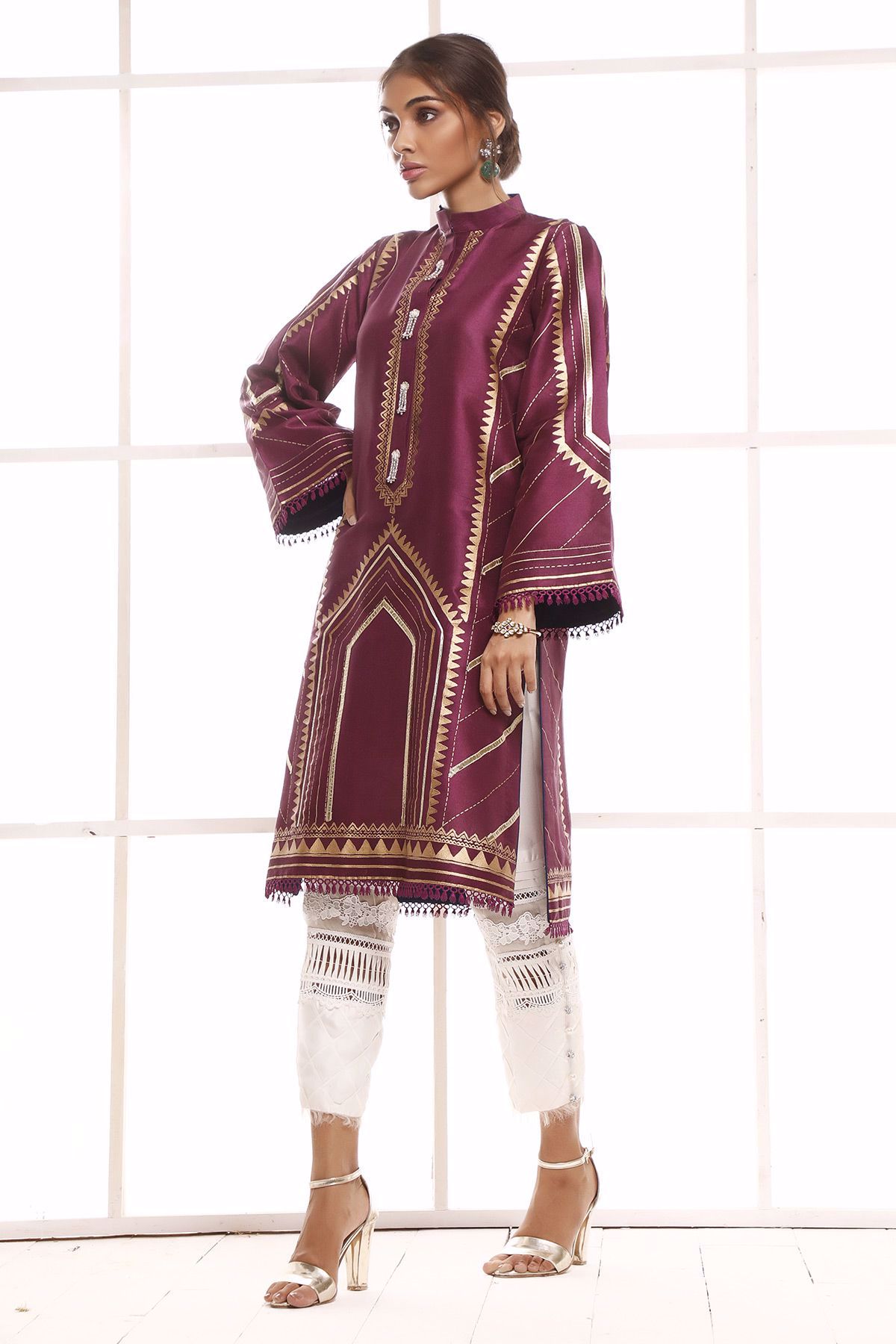 Magenta Hand Block Printed Raw Silk Salwar Kameez (2-Piece) - Image 3