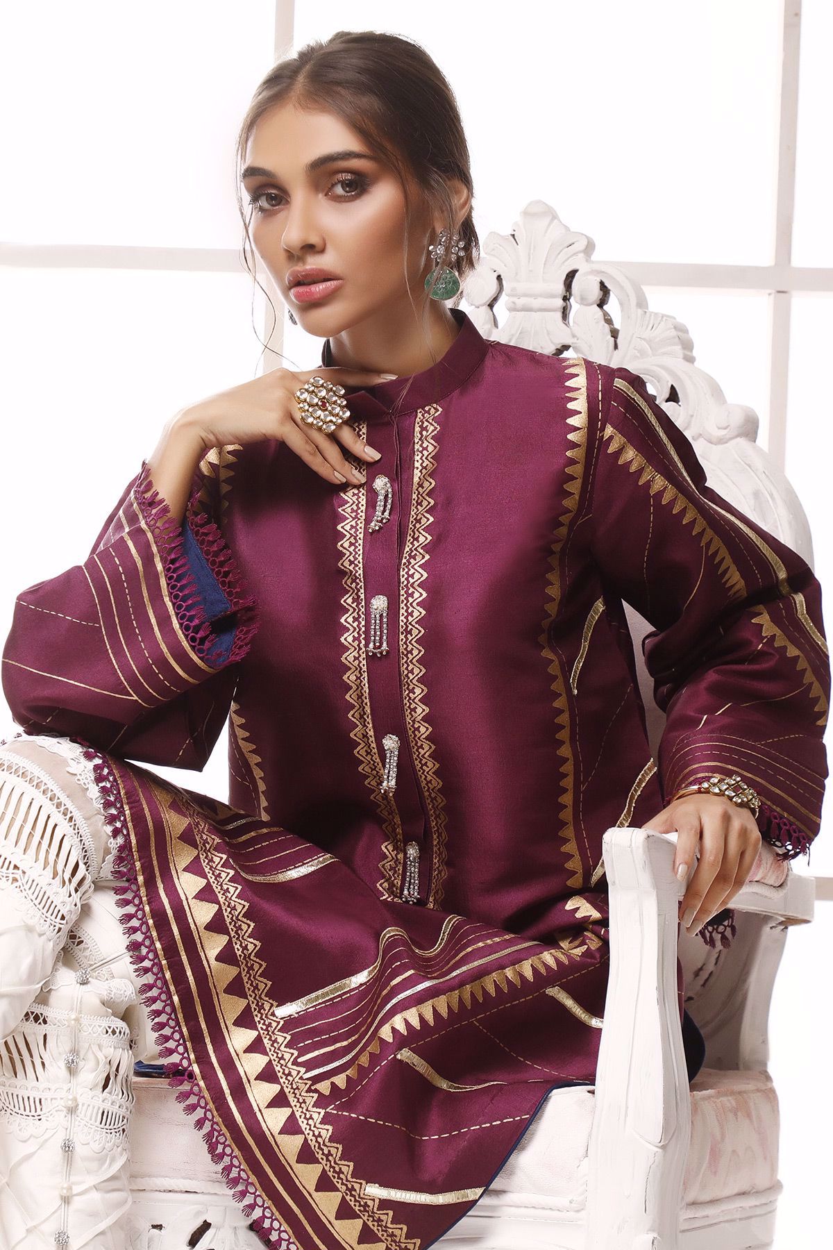 Magenta Hand Block Printed Raw Silk Salwar Kameez (2-Piece) - Image 6