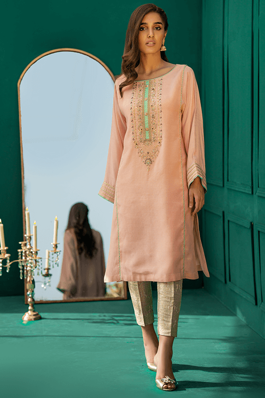 Powder Pink Hand-Embellished Raw Silk Kameez (2-Piece) - Image 2