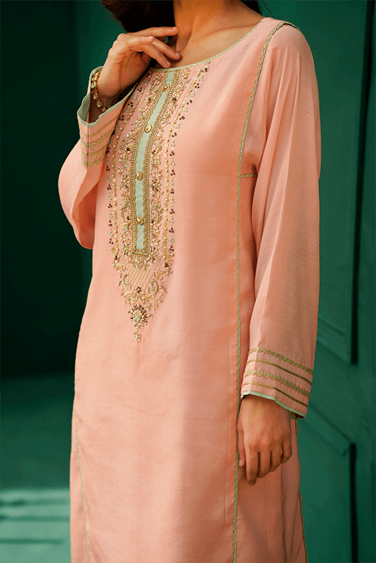 Powder Pink Hand-Embellished Raw Silk Kameez (2-Piece) - Image 3