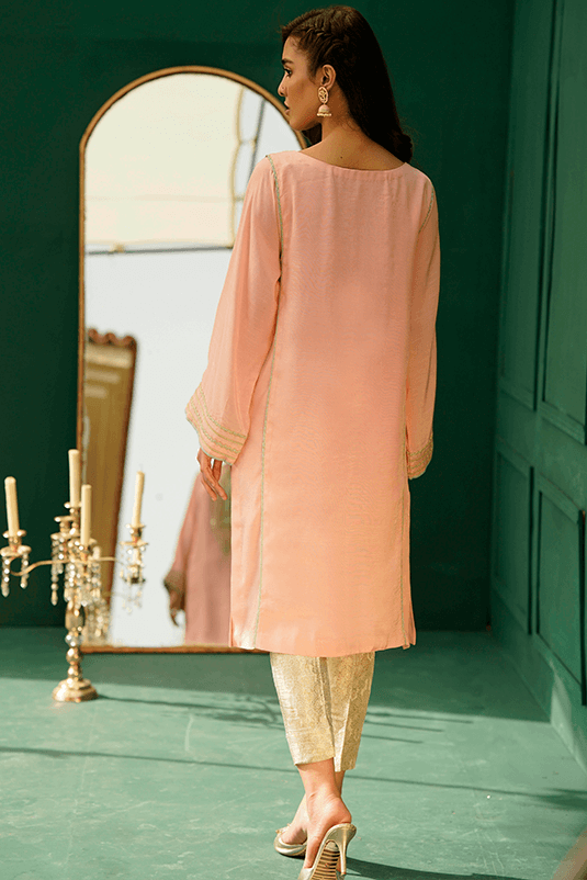 Powder Pink Hand-Embellished Raw Silk Kameez (2-Piece) - Image 4
