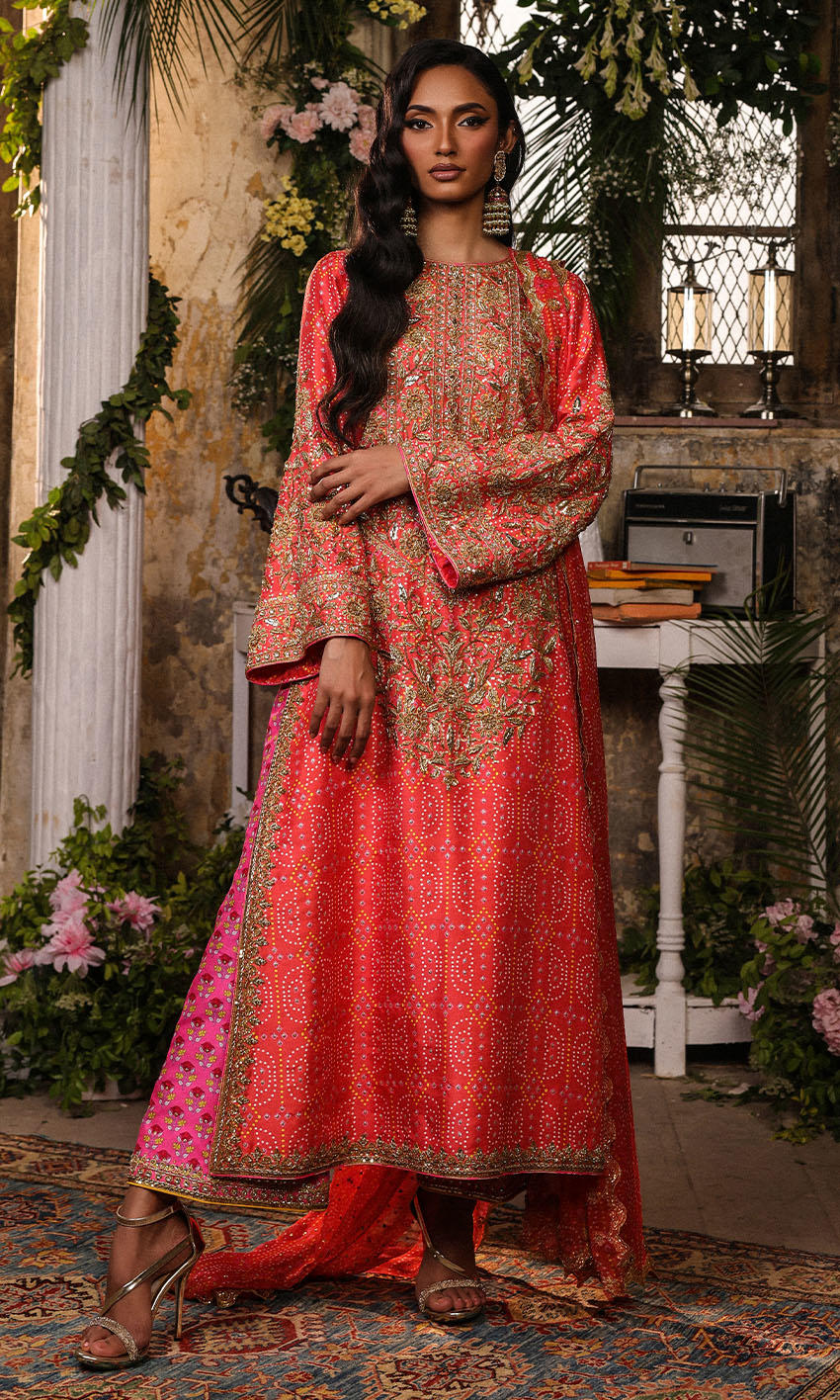 Watermelon Pink Hand-Embellished Raw Silk Salwar Kameez (3-Piece) - Image 1
