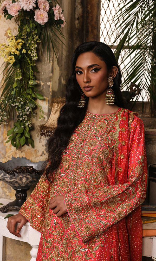 Watermelon Pink Hand-Embellished Raw Silk Salwar Kameez (3-Piece) - Image 10