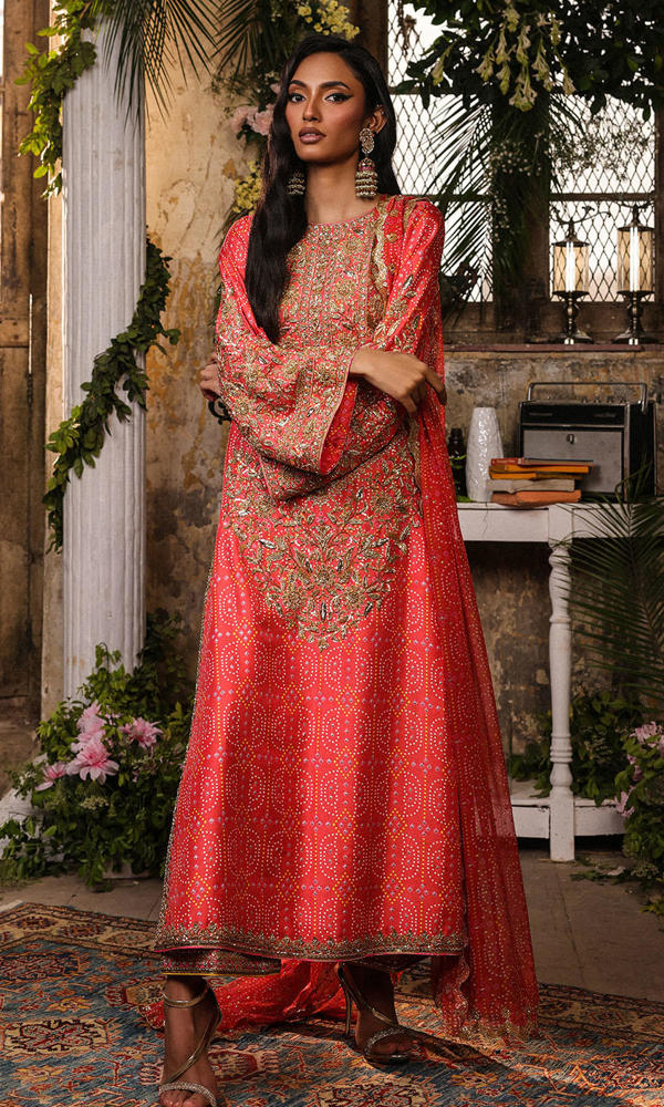 Watermelon Pink Hand-Embellished Raw Silk Salwar Kameez (3-Piece) - Image 4