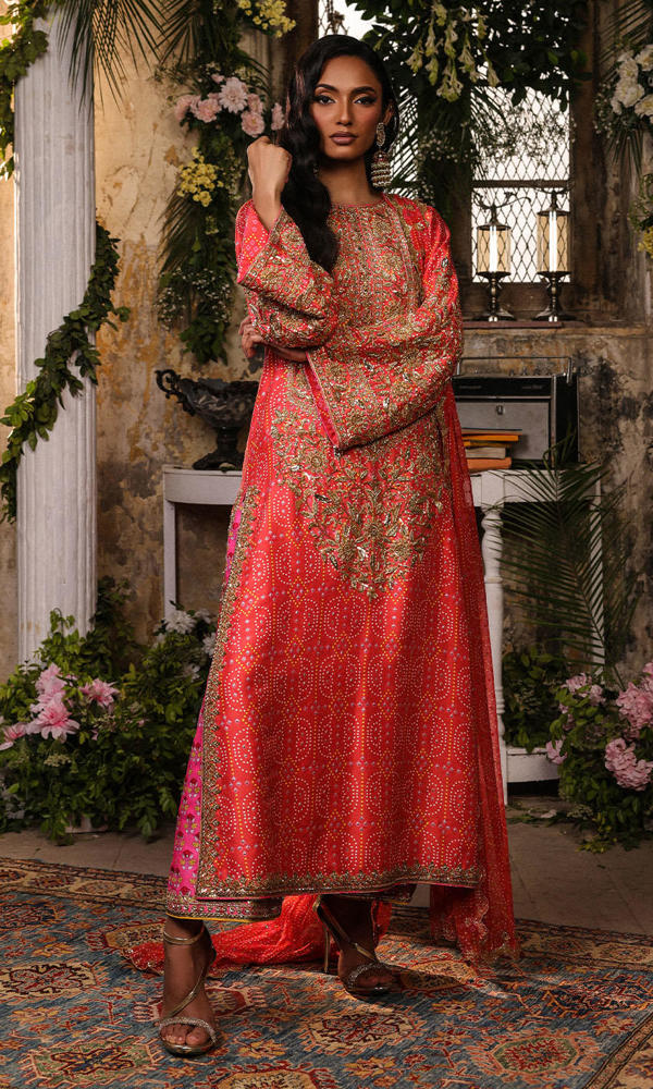 Watermelon Pink Hand-Embellished Raw Silk Salwar Kameez (3-Piece) - Image 5