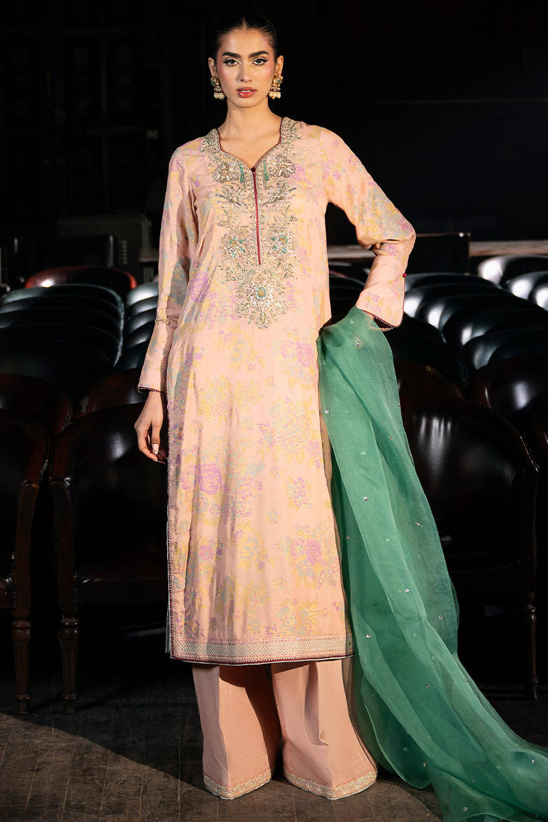 Peach Printed Raw Silk Salwar Kameez (3-Piece) - Image 1
