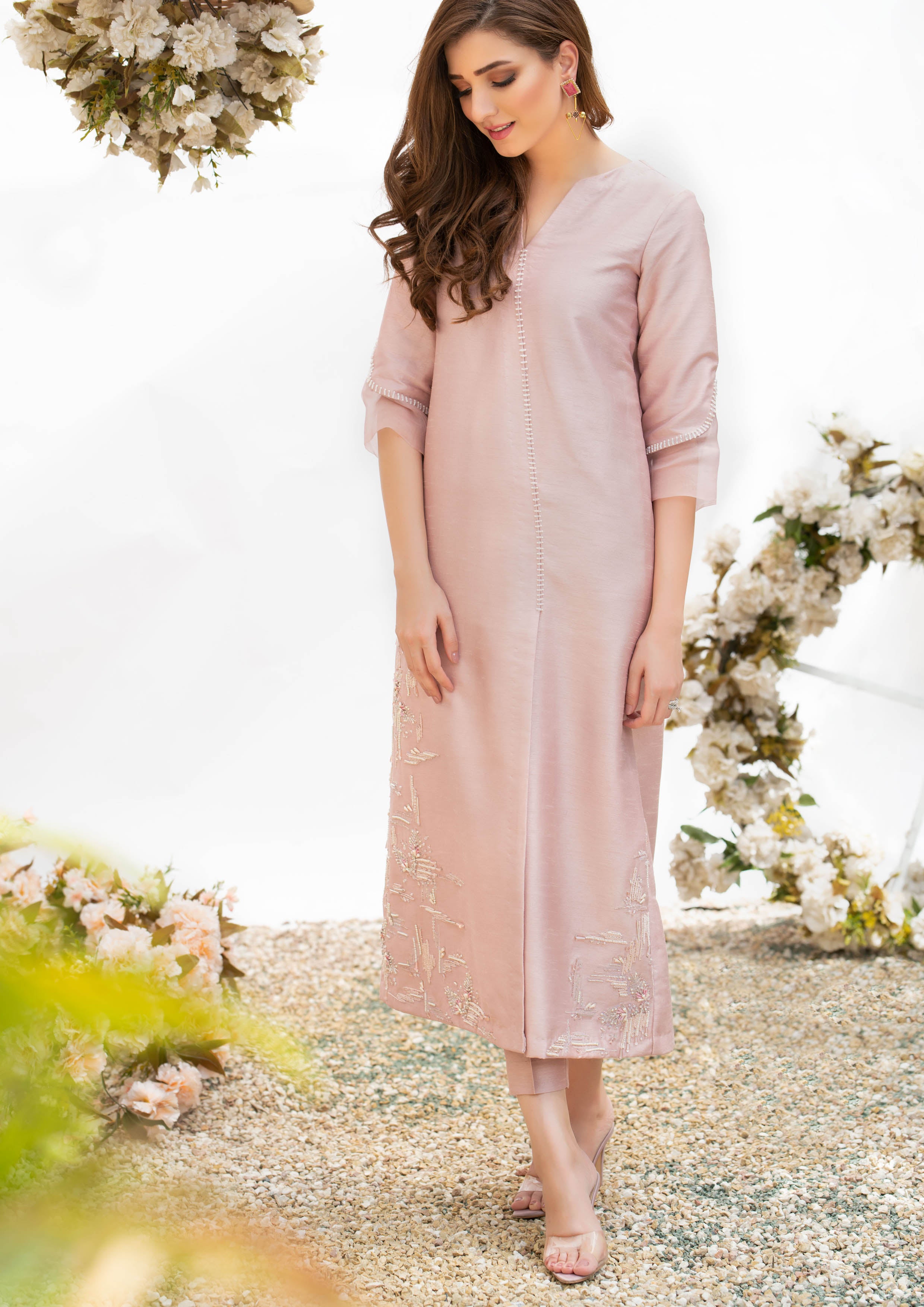 Vivid Pink Hand-Embellished Raw Silk Salwar Kameez (2-Piece) - Image 2