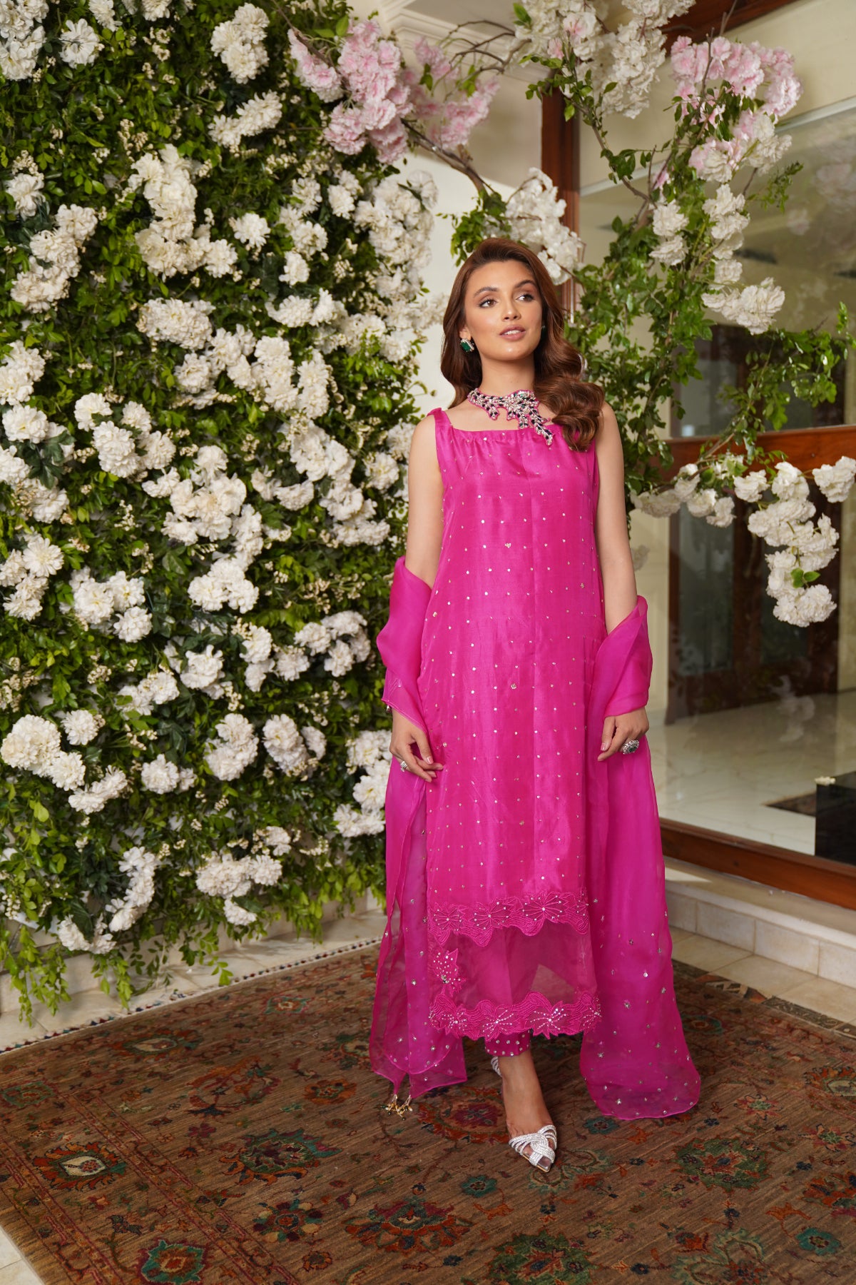 Pakistani Hot Pink Handworked Pure Raw Silk Salwar Kameez (3-Piece) - Image 1