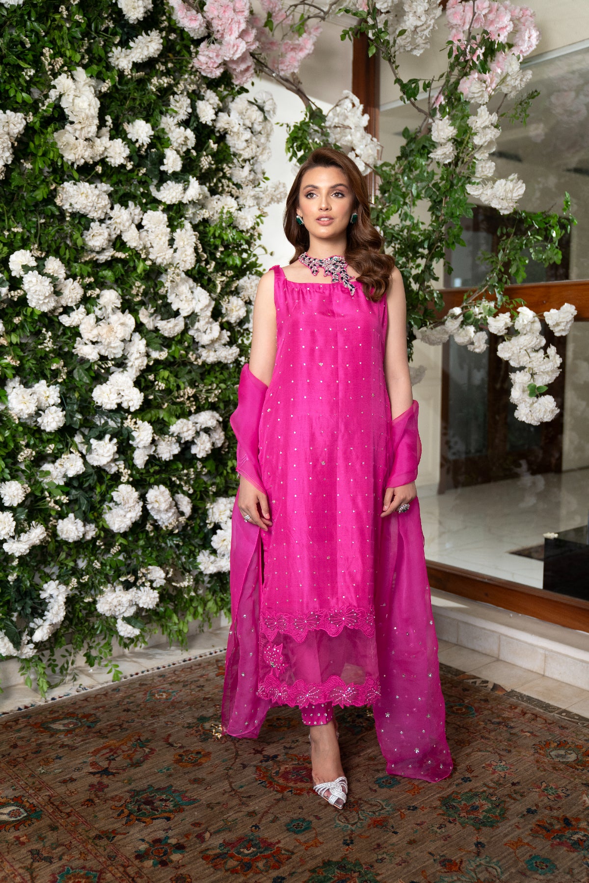 Pakistani Hot Pink Handworked Pure Raw Silk Salwar Kameez (3-Piece) - Image 2