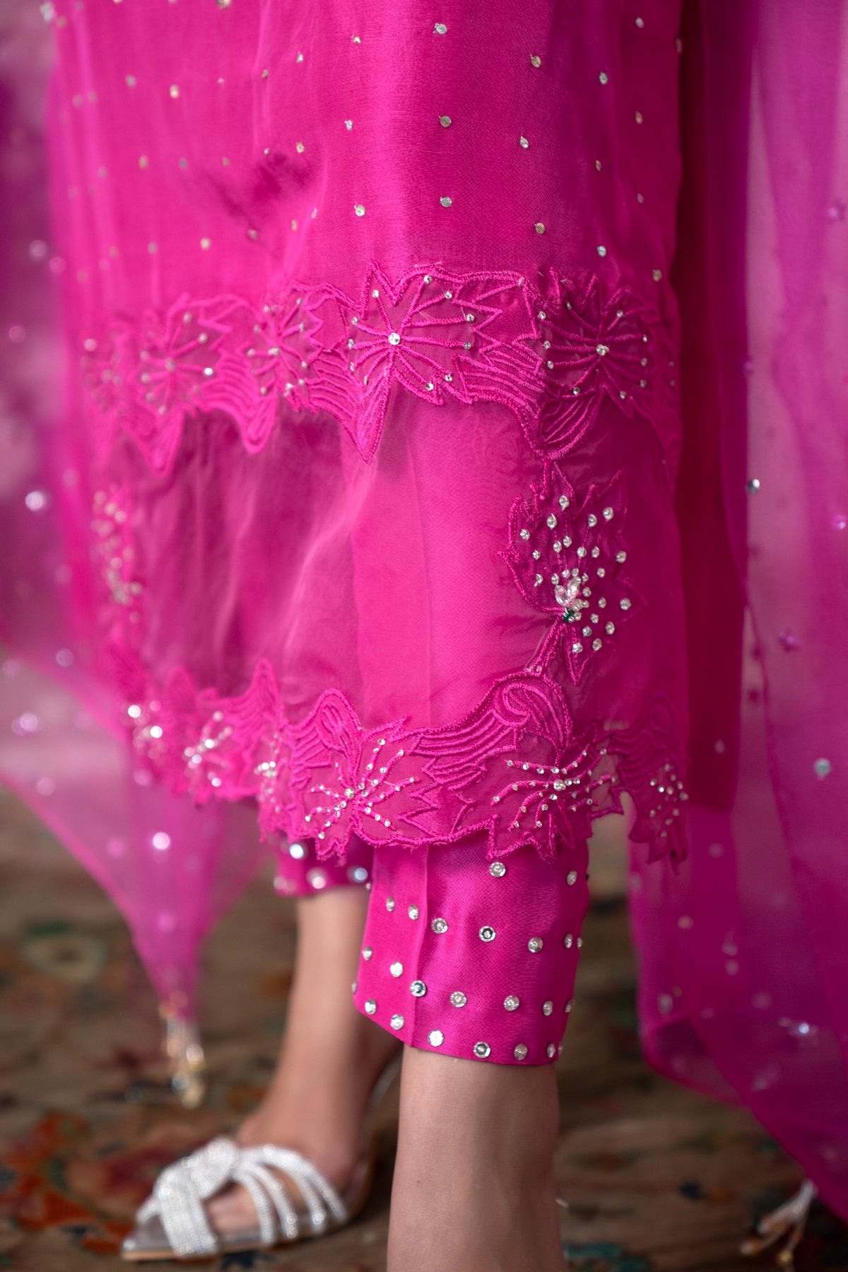 Pakistani Hot Pink Handworked Pure Raw Silk Salwar Kameez (3-Piece) - Image 7